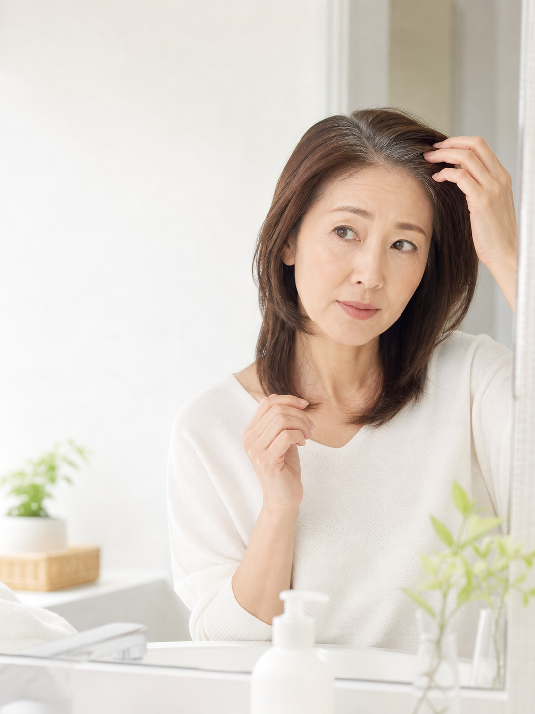 髪を確認する女性